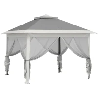 Outsunny Faltpavillon, Gartenpavillon, Metall und Stoffplane, Netzvorhänge, Entwässerungslöcher, 330L x 330B x 288H cm, Grau(m-1)