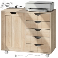 HOMCOM Meuble pour Imprimante avec Station de Charge et Roulettes 5 Tiroirs Ports USB Étagère Réglable Bois naturel
