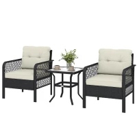 Outsunny 3 Pieces Rattan Bistro Set with Glass Top Coffee Table, Chairs and Cushions for Outdoor, Patio, Balcony, Cream(m-11)
