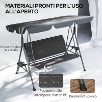Outsunny Dondolo da Giardino 3 Posti in Rattan PE e Acciaio con Tettuccio e Portabicchieri, 204x112x150 cm, Grigio(m-6)