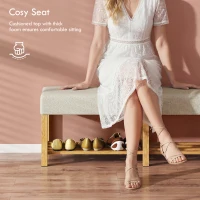 HOMCOM 140 cm Ławka na buty z drewna litego, nowoczesna ławka do przedpokoju z tapicerowanym siedziskiem dla dwóch osób, naturalne drewno i kremowy kolor(m-4)