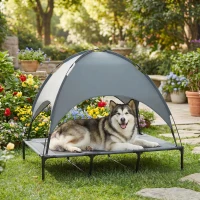PawHut Erhöhtes Hundebett mit Baldachin, Haustierbett, Hundeliege outdoor mit Dach, Atmungsaktiv, Taftstoff für Camping Grau 122 x 92 x 108 cm(m-2)