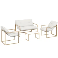 Outsunny Set da giardino 4 pezzi con divano, 2 poltrone e tavolo in vetro, Bianco(m-1)