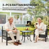 Outsunny 3 Pieces Rattan Bistro Set with Glass Top Coffee Table, Chairs and Cushions for Outdoor, Patio, Balcony, Cream(m-4)