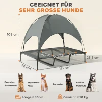 PawHut Erhöhtes Hundebett mit Baldachin, Haustierbett, Hundeliege outdoor mit Dach, Atmungsaktiv, Taftstoff für Camping Grau 122 x 92 x 108 cm(m-3)