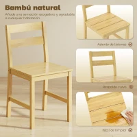 HOMCOM Juego de 2 Sillas de Comedor de Bambú con Asiento con Listones Respaldo Curvado Sin Brazos Natural(m-5)
