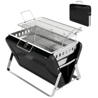 Outsunny Houtskoolbarbecue van Roestvrij Staal BBQ Smoker met Grillrooster Handgreep Opklapbare Poten voor Barbecue Camping 40x28x25,5cm Zwart(m-10)