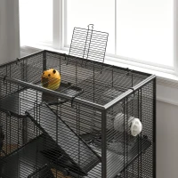 PawHut Gabbia per Criceti con Fondo in Vetro, Recinto a 4 Livelli con Casetta e Accessori, 78,5x48,5x80 cm, Nero(m-4)