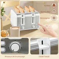 HOMCOM Ensemble bouilloire et grille-pain, bouilloire en acier inoxydable 1,7 L et 2200 W et grille-pain à 4 tranches, blanc(m-8)