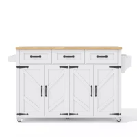 Mobile Kitchen Island with 5 Lockable Castors and Central Wheel, Practical Cart with Foldable Tabletop, 140L x 70W x 90.5H cm, White+Natural(m-2)