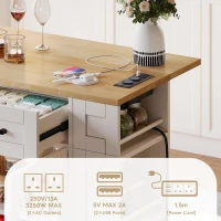 Mobile Kitchen Island with Foldable Tabletop and Sockets, Storage Buffet with Adjustable Shelves, 120L x 65W x 92H cm, White+Natural(m-6)