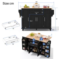 Versatile Kitchen Trolley with Fold-Out Worktop, Spacious Storage Island with Double-Door Cabinets, 136L x 70W x 92H cm, Black+Natural(m-3)