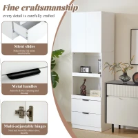 Freestanding Pantry Cabinet with 2 Open Sliding Shelves, Multifunctional Sideboard for Dining & Living Rooms, 59.5L x 45W x 200H cm, White(m-6)