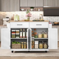 Contemporary Kitchen Storage Trolley with Foldable Dropleaf, Spacious Buffet with Towel Holders, 120L x 71W x 91.5H cm, White+Natural(m-1)