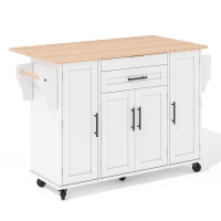 Versatile Kitchen Trolley with Fold-Out Worktop, Spacious Storage Island with Double-Door Cabinets, 136L x 70W x 92H cm, White+Natural(m-2)