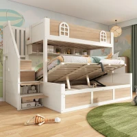 Cabin-Style Bunk Bed with Staircase Storage Cube & Hanging Baskets, Hydraulic-Lift Bed for Children, 244L x 140W x 155H cm, Natural+White(m-8)