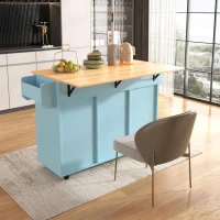 Stylish Kitchen Trolley with Foldable Wood-Grain Countertop, Versatile Buffet with Interchangeable Wheels, 139L x 46W x 91H cm, Blue(m-10)
