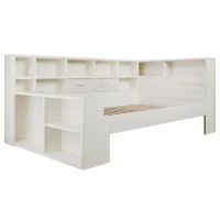 Practical Platform Bed with USB, Type-C Charging Ports and Bookcase, L-Shaped Bed with Triple-Side Storage, 234L x 116W x 90H cm, White(m-12)