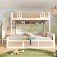 Cabin-Style Bunk Bed with Staircase Storage Cube & Hanging Baskets, Hydraulic-Lift Bed for Children, 244L x 140W x 155H cm, Natural+White(m-1)