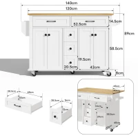 Versatile Kitchen Trolley with Extendable Worktop and 5 Drawers, Sturdy Buffet with Lockable Castors, 140L x 65W x 89H cm, White+Natural(m-3)