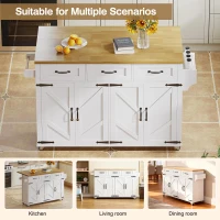 Mobile Kitchen Island with 5 Lockable Castors and Central Wheel, Practical Cart with Foldable Tabletop, 140L x 70W x 90.5H cm, White+Natural(m-4)