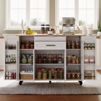 Versatile Kitchen Trolley with Fold-Out Worktop, Spacious Storage Island with Double-Door Cabinets, 136L x 70W x 92H cm, White+Natural(m-1)