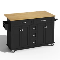Versatile Kitchen Trolley with Extendable Worktop and 5 Drawers, Sturdy Buffet with Lockable Castors, 140L x 65W x 89H cm, Black+Natural(m-2)