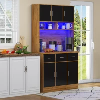 Stylish Tall Pantry Cabinet with App-Controlled LED, Spacious Larder Unit with Water-Resistant Worktop, 100L x 40W x 180H cm, Natural+Black(m-1)