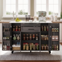 Versatile Kitchen Trolley with Fold-Out Worktop and Lockable Castors, Spacious Kitchen Island with Cabinets, 136L x 70W x 92H cm, Gray