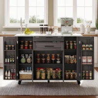 Versatile Kitchen Trolley with Fold-Out Worktop and Lockable Castors, Spacious Kitchen Island with Cabinets, 136L x 70W x 92H cm, Gray(m-1)