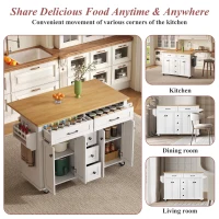 Versatile Kitchen Trolley with Extendable Worktop and 5 Drawers, Sturdy Buffet with Lockable Castors, 140L x 65W x 89H cm, White+Natural(m-5)