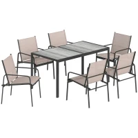Outsunny Conjunto de Mesa y Sillas Jardín con Mesa de Efecto Madera y 6 Sillas con Asiento Transpirable para Terraza Patio Caqui(m-1)