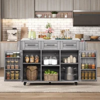 Stylish Kitchen Trolley with Foldable Wood-Grain Countertop, Versatile Buffet with Interchangeable Wheels, 139L x 46W x 91H cm, Gray(m-1)