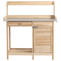 Outsunny Tavolo da giardinaggio con cassetto e armadietto, 112x48x125 cm, Legno Naturale(m-6)