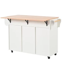 Stylish Kitchen Trolley with Foldable Wood-Grain Countertop, Versatile Buffet with Interchangeable Wheels, 139L x 46W x 91H cm, White(m-13)