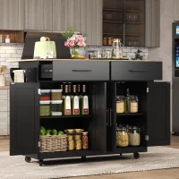 Contemporary Kitchen Storage Trolley with Foldable Dropleaf, Spacious Buffet with Towel Holders, 120L x 71W x 91.5H cm, Black+Natural(m-8)