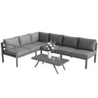 Outsunny 3 Pieces Garden Furniture Set, Aluminium Corner Lounge Set with Adjustable Backrest and Coffee Table(m-10)