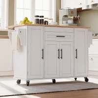 Versatile Kitchen Trolley with Fold-Out Worktop, Spacious Storage Island with Double-Door Cabinets, 136L x 70W x 92H cm, White+Natural(m-9)