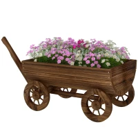 Outsunny Cărucior din lemn cu 4 roți și mâner Jardinieră exterioară cu orificiu de drenaj 115x40x54,5 cm Carbonizat(m-6)