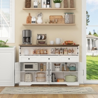 Versatile Sideboard with 2 Cupboards and Smooth‑Glide Drawers, Modern Coffee Bar for Living Room, 140L x 35W x 95H cm, Brown+White