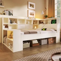 Practical Platform Bed with USB, Type-C Charging Ports and Bookcase, L-Shaped Bed with Triple-Side Storage, 234L x 116W x 90H cm, White(m-6)