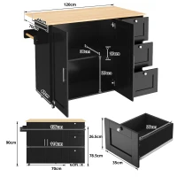 Versatile Kitchen Island with 3 Drawers and 2-Door Cabinet, Space-Saving Rolling Trolley with Foldable Worktop, 135L x 70W x 90H cm, Black(m-3)