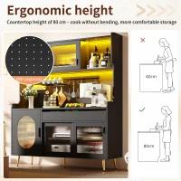 Country-Style Sideboard with Fluted Glass Doors and App-Controlled LED Strip, Storage Buffet with Pegboard Back, 145L x 39W x 171H cm, Black(m-5)