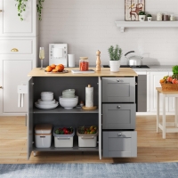 Versatile Kitchen Island with 3 Drawers and 2-Door Cabinet, Space-Saving Rolling Trolley with Foldable Worktop, 135L x 70W x 90H cm, Grey
