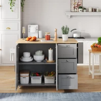 Versatile Kitchen Island with 3 Drawers and 2-Door Cabinet, Space-Saving Rolling Trolley with Foldable Worktop, 135L x 70W x 90H cm, Grey(m-1)