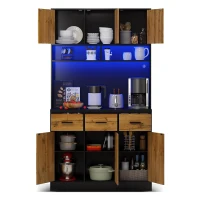 Stylish Tall Pantry Cabinet with App-Controlled LED, Spacious Larder Unit with Water-Resistant Worktop, 100L x 40W x 180H cm, Black+Natural(m-11)