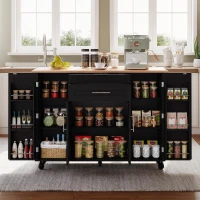Versatile Kitchen Trolley with Fold-Out Worktop, Spacious Storage Island with Double-Door Cabinets, 136L x 70W x 92H cm, Black+Natural(m-1)