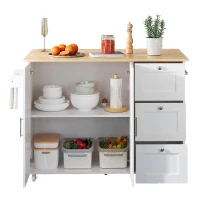 Versatile Kitchen Island with 3 Drawers and 2-Door Cabinet, Space-Saving Rolling Trolley with Foldable Worktop, 135L x 70W x 90H cm, White(m-12)