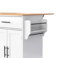 Contemporary Kitchen Storage Trolley with Foldable Dropleaf, Spacious Buffet with Towel Holders, 120L x 71W x 91.5H cm, White+Natural(m-11)