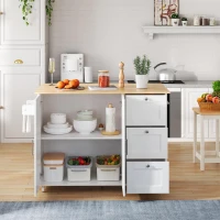 Versatile Kitchen Island with 3 Drawers and 2-Door Cabinet, Space-Saving Rolling Trolley with Foldable Worktop, 135L x 70W x 90H cm, White(m-1)